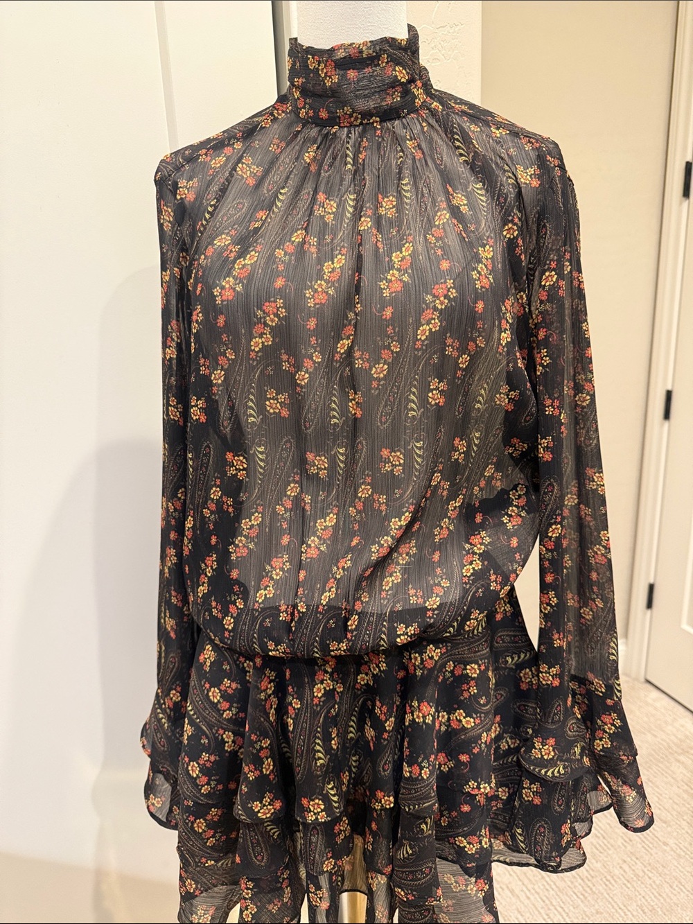 Black Floral High-Neck Long-Sleeve Women’s Dress